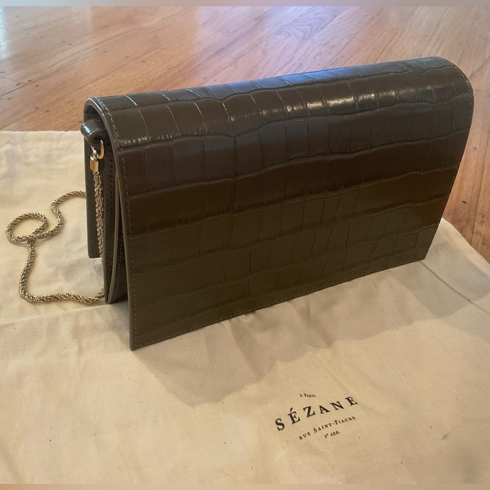 Sezane Olive Croc-Embossed Chain Shoulder Bag NWT